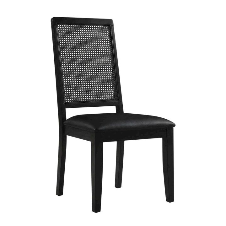 Vegan Leather Upholstered Faux Rattan Dining Chairs, Black Black, Set of 2