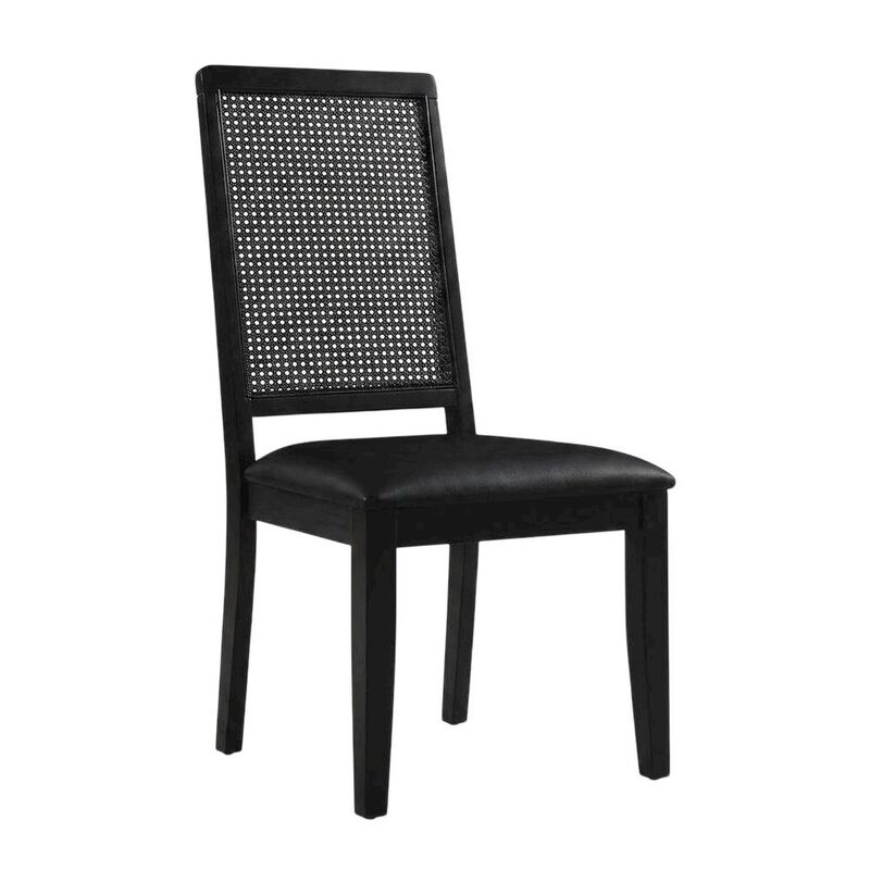 Vegan Leather Upholstered Faux Rattan Dining Chairs, Black Black, Set of 2 image number 1