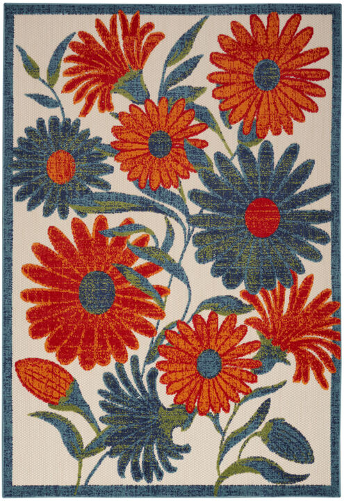 HomeRoots 6' X 9' Ivory Blue Orange And Green Floral Indoor Outdoor Area Rug