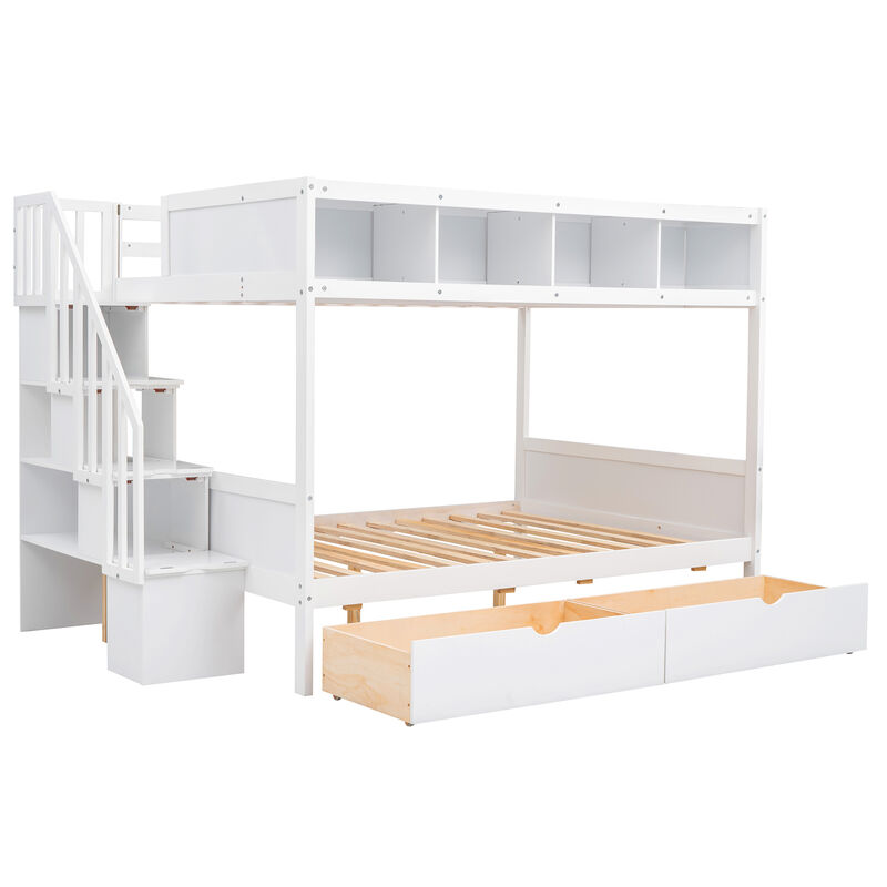 Whisen Twin over Full Bunk Bed with Shelfs, Storage Staircase and 2 Drawers- White