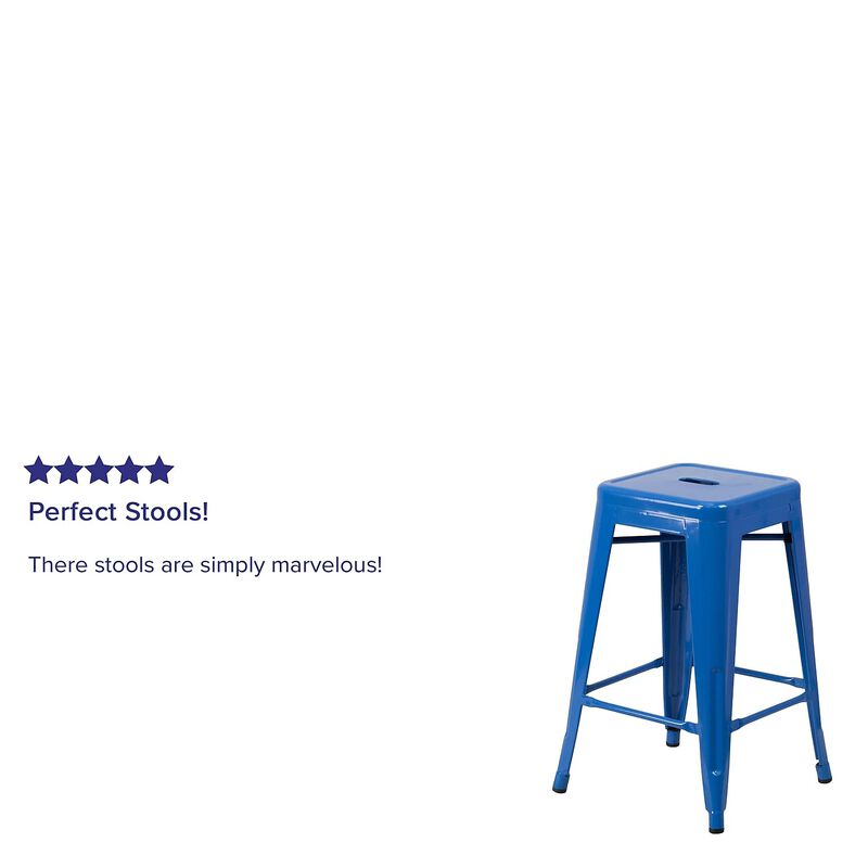 Flash Furniture Kai Commercial Grade 24" High Backless Blue Metal Indoor-Outdoor Counter Height Stool with Square Seat