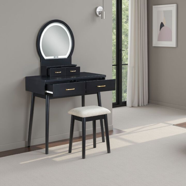 Anvy Vanity Desk Set with Mirror and Stool, 4 Drawers, Black Wood