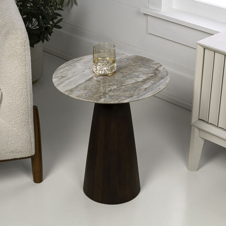 Kaito 18" Rustic Minimalist Round Marble/Wood Accent Table