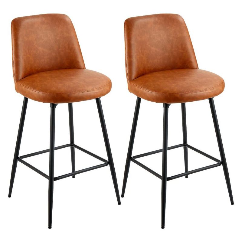 Set of 2 Counter Height Swivel Bar Stools with Backrest PU Leather Metal Legs Kitchen Chairs-Brown image number 0