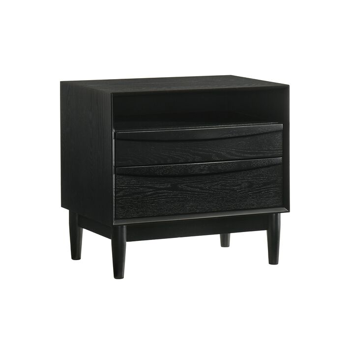 Mian 23 Inch Nightstand, 2 Drawer, Linear Undercut Handles, Wood, Black - Benzara