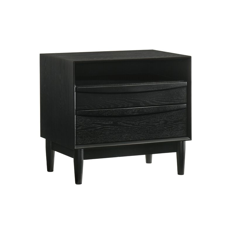 Mian 23 Inch Nightstand, 2 Drawer, Linear Undercut Handles, Wood, Black - Benzara