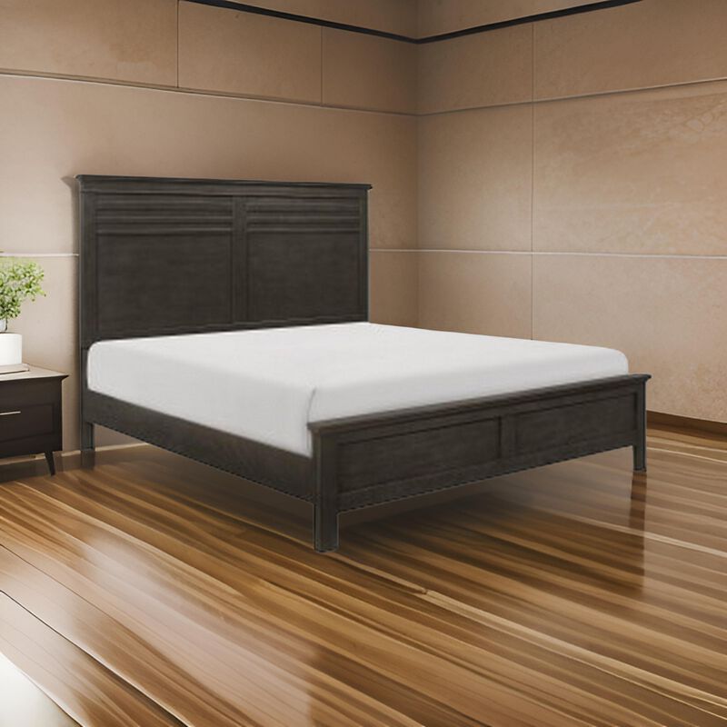 Candy Queen Bed, Farmhouse Embossed Accented Headboard, Charcoal Gray Wood - Benzara