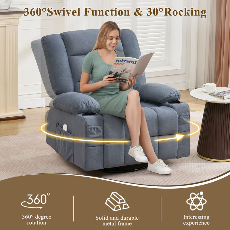 Fabric Swivel Manual Recliner with Massage and USB Port