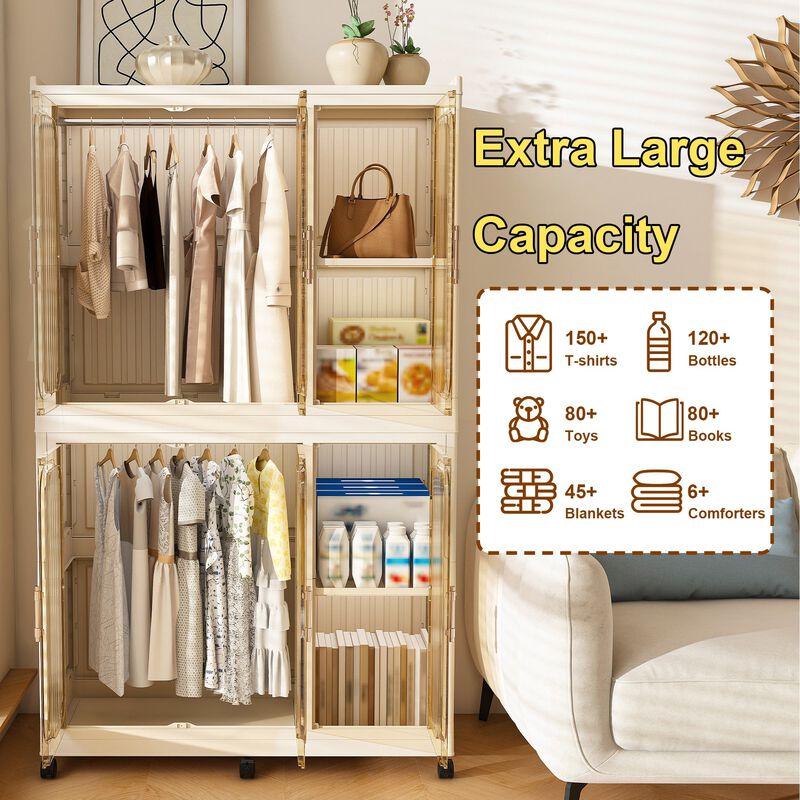 Clihome Portable Wardrobe Closet Organizer,Clothes Dresser,6 Cubes&Magnetic Doors,with Hanging Rods,Hangers image number 4