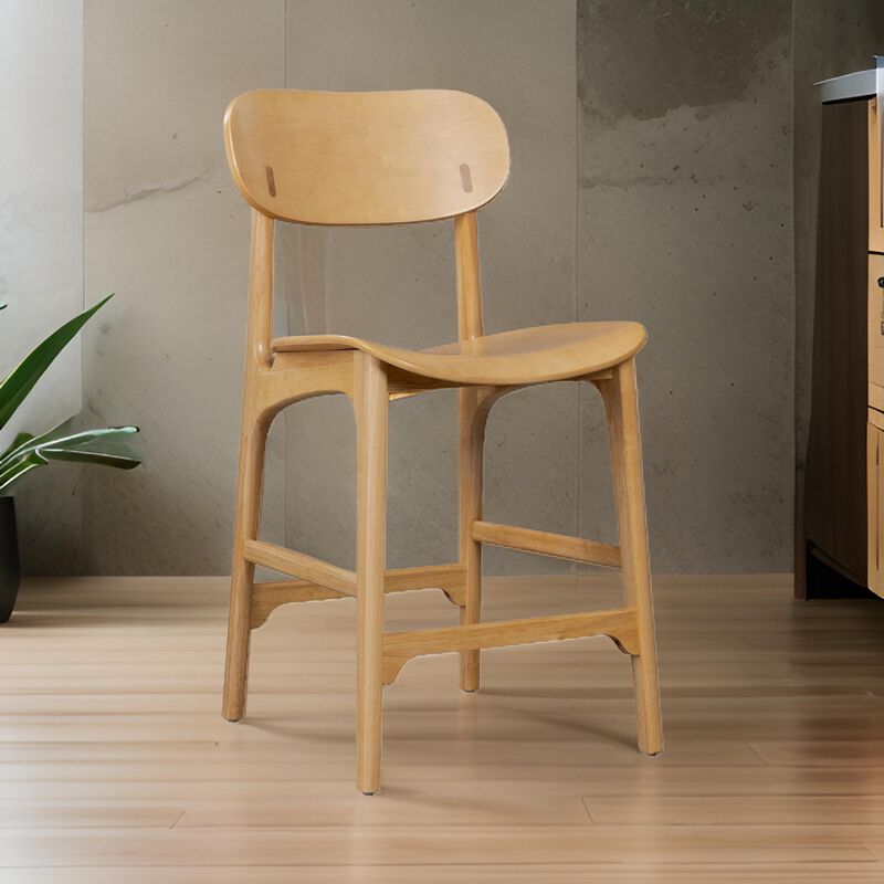 Seln 24 Inch Counter Stool Chair, Curved Seat, Open Back, Light Brown Wood - Benzara