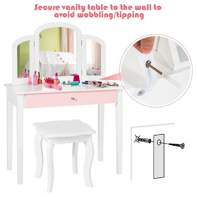 Kids Princess Make Up Dressing Table with Tri-folding Mirror and Chair