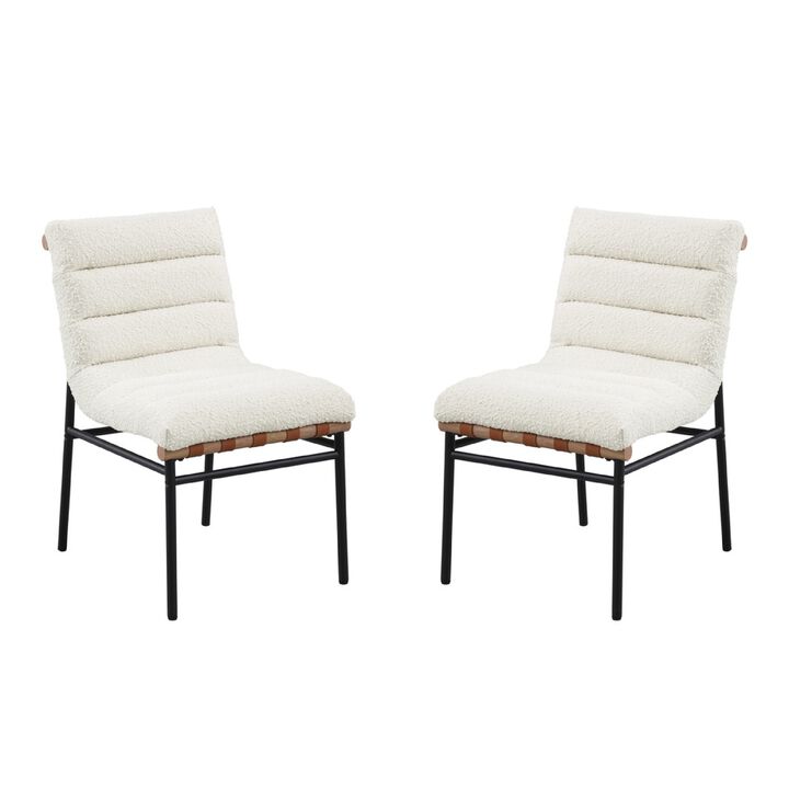 Kive Dining Chair Set of 2, Black Iron Legs, White Channel Tuft Boucle