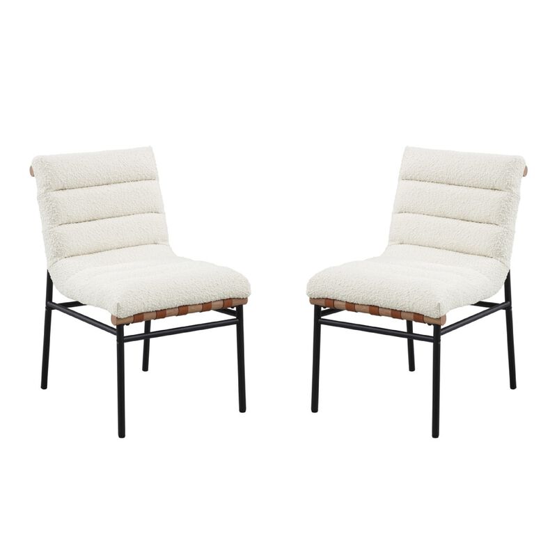Kive Dining Chair Set of 2, Black Iron Legs, White Channel Tuft Boucle