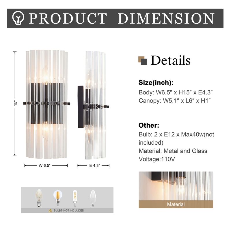 Clara 2-Light Black Crystal Glass Bar Wall Sconce image number 4