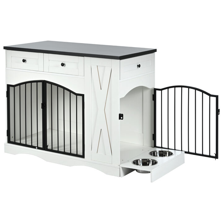 Whisen 43.3" Indoor Wooden Cabinets, Dog Kennel with 3 Drawers and Removable Feeder