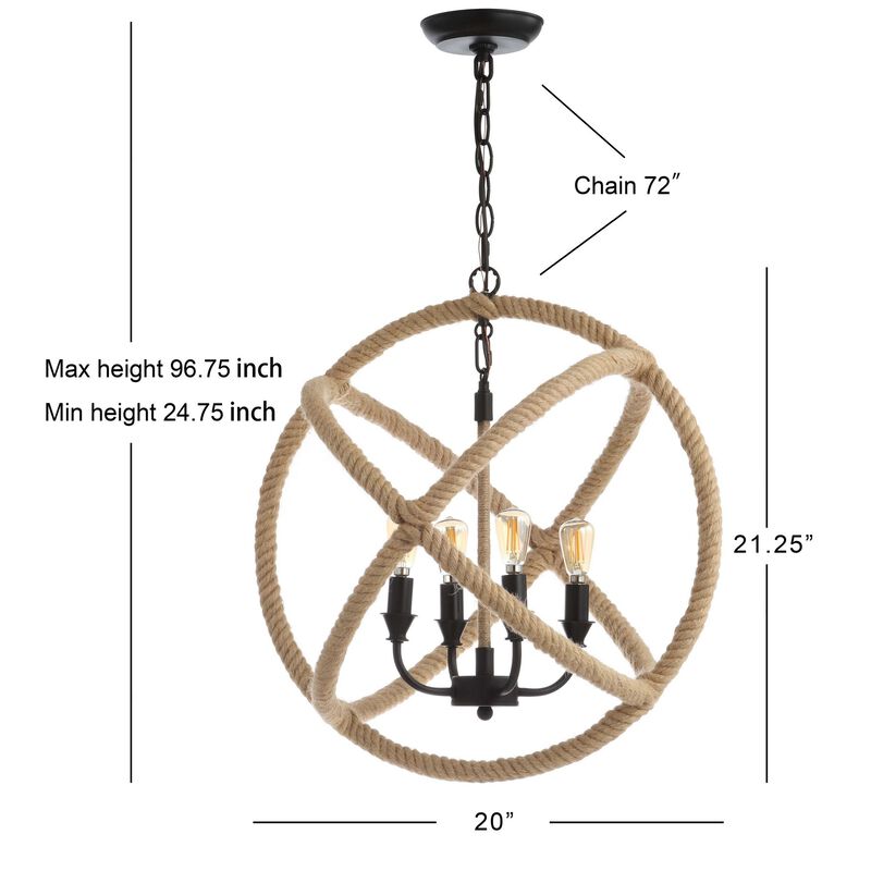 Soka 4-Light 20" Adjustable Globe Metal/Rope LED Pendant, Black/Brown image number 3