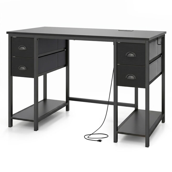 Home Office Computer Desk with Charging Station & 4 Fabric Drawers, Study Work Desk