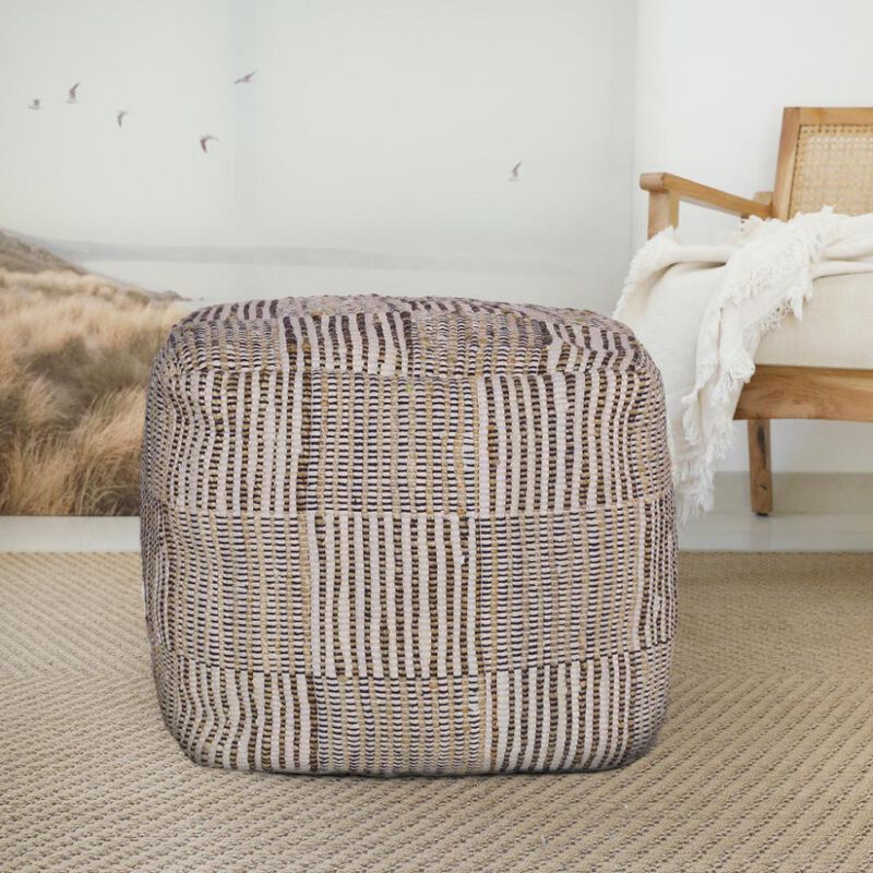 Hivvago 18 Inch Brown Cotton Cube Geometric Pouf Ottoman