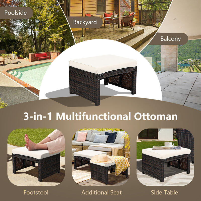 2 Pieces Patio Rattan Ottomans with Soft Cushion for Patio and Garden