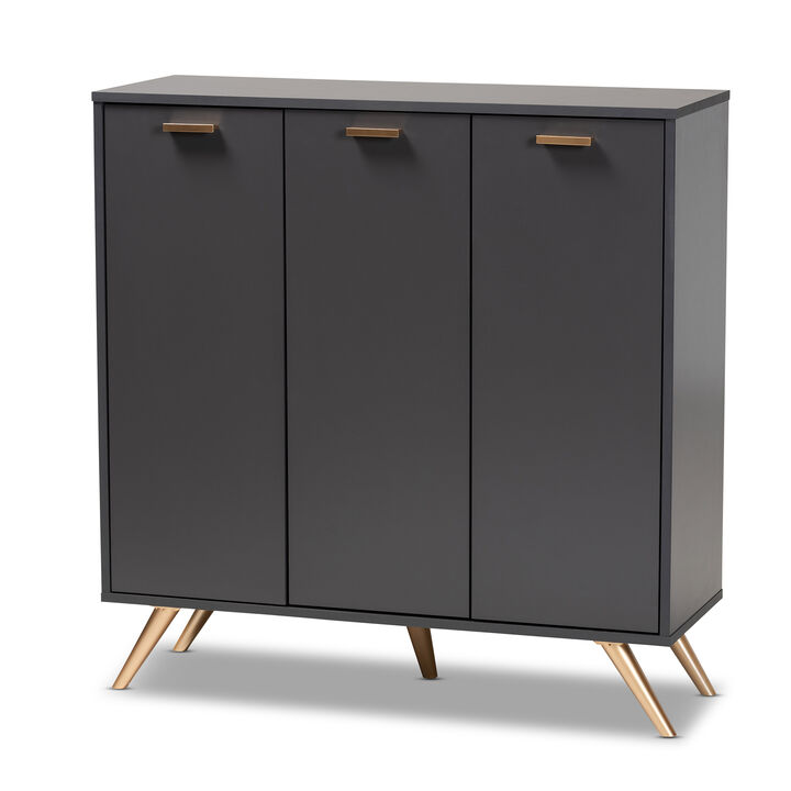 Baxton Studio Kelson Modern Dark Grey and Gold Finished Wood 3 Door Shoe Cabinet