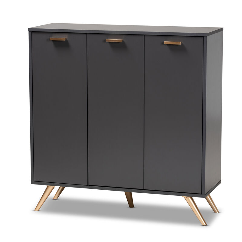 Baxton Studio Kelson Modern Dark Grey and Gold Finished Wood 3 Door Shoe Cabinet