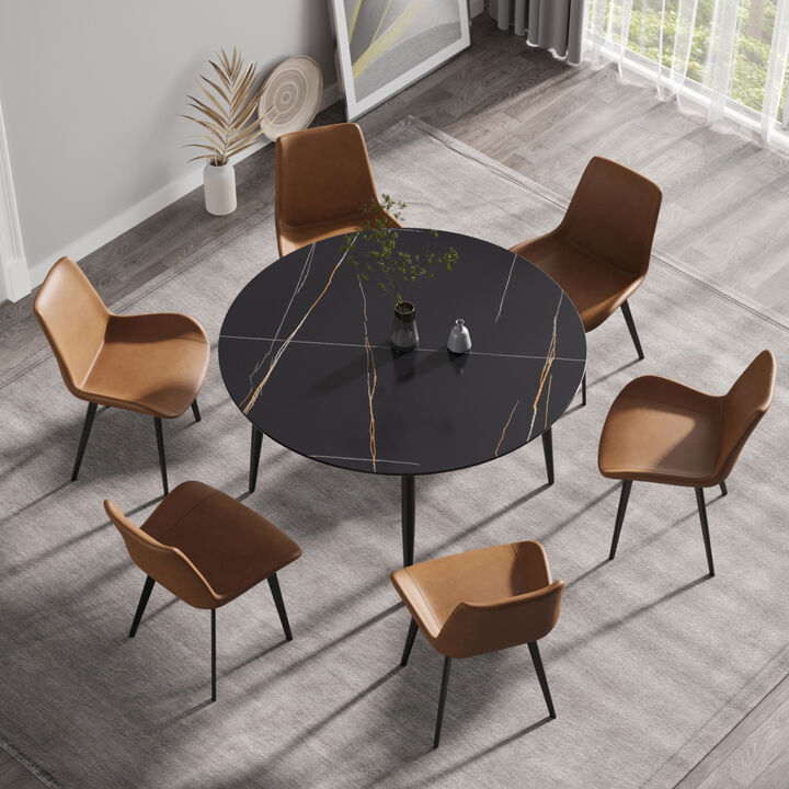 53.15 " modern artificial stone black round dining table with black metal legs-can accommodate 6 people
