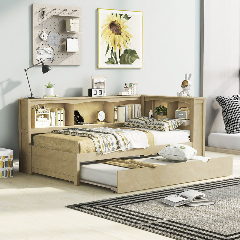 Whisen Morden Design Twin Size Daybed with Trundle, Storage Cabinets and USB Ports image number 5