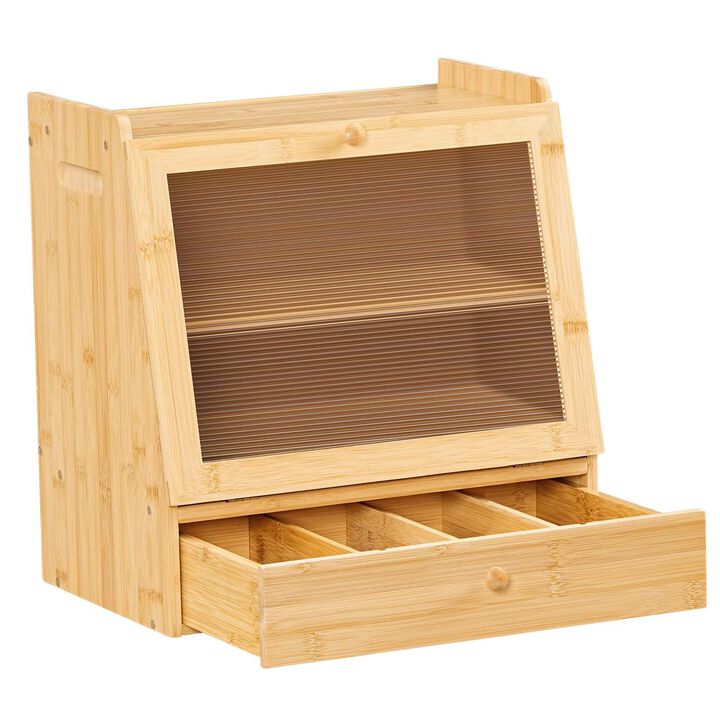 2-Tier Wicker Bread Box with Drawer for Kitchen Storage