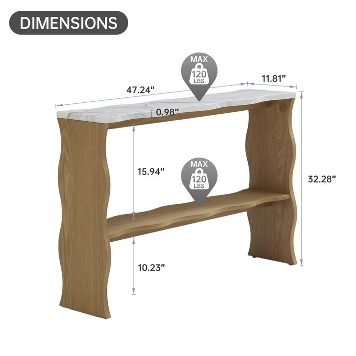 Whisper of Waves Modern Console Table with Marble Pattern Top & Solid Wood Veneer Shelf