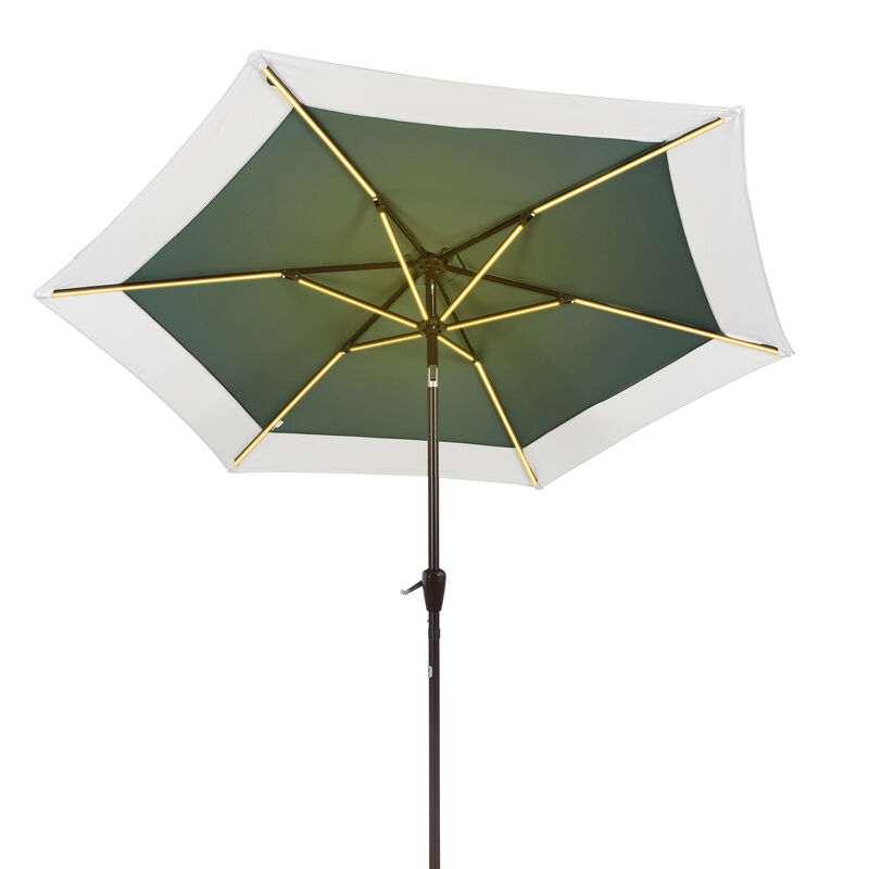 Spencer Classic Coastal 2-Tone Solar LED Market Patio Umbrella with 12 LED Strip Lights, Auto-Tilt, Crank and UV Protection