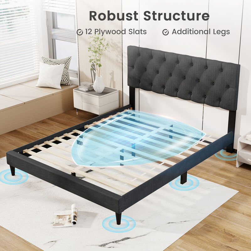 Upholstered Platform Bed with Tufted Headboard and Sturdy Wooden Slats