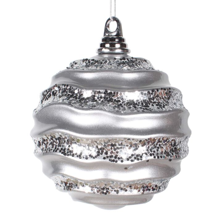 Vickerman 8" Christmas Ornament Wave Ball, Silver Stripe Candy Finish with Glitter Accents, Shatterproof Plastic, Holiday Christmas Tree Decoration