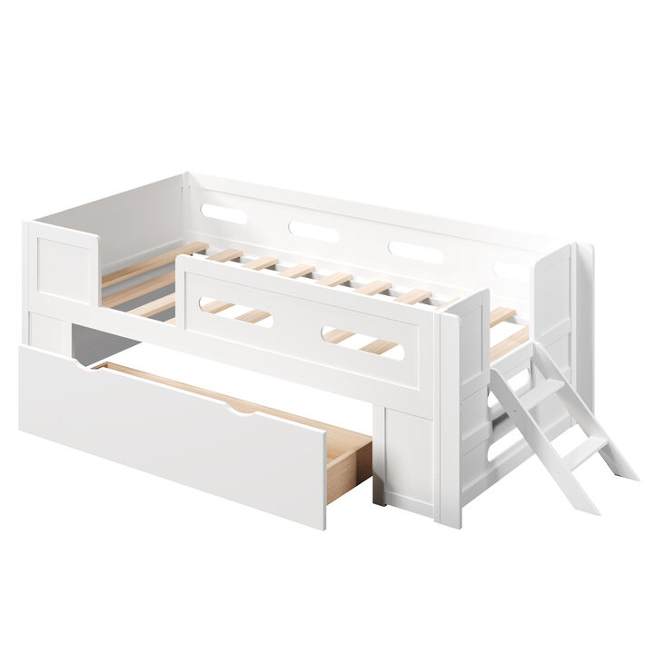Merax Low Wood Platform Bed with Semi-Enclosed Guardrail & Storage Drawer