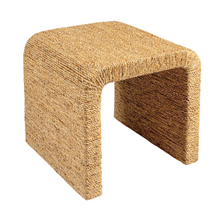 Woven Water Hyacinth and Acacia Wood End Table with Waterfall Edge