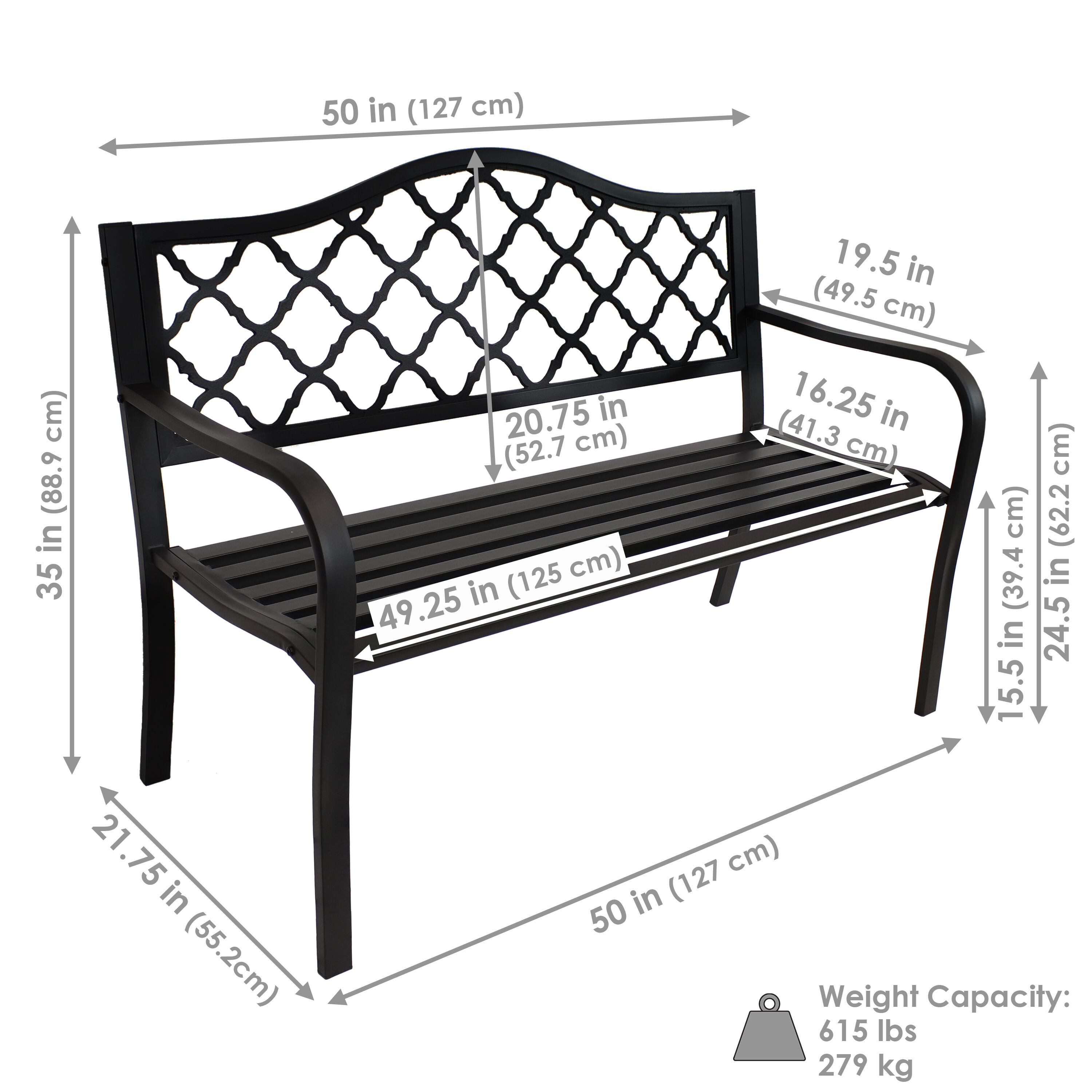 Sunnydaze 2-Person Lattice Cast Iron Outdoor Garden Bench - Black - Thumbnail 3