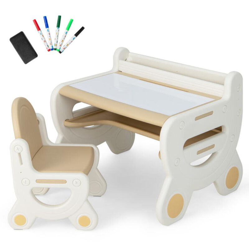 Hivvago Kids Drawing Table and Chair Set with Watercolor Pens and Blackboard Eraser