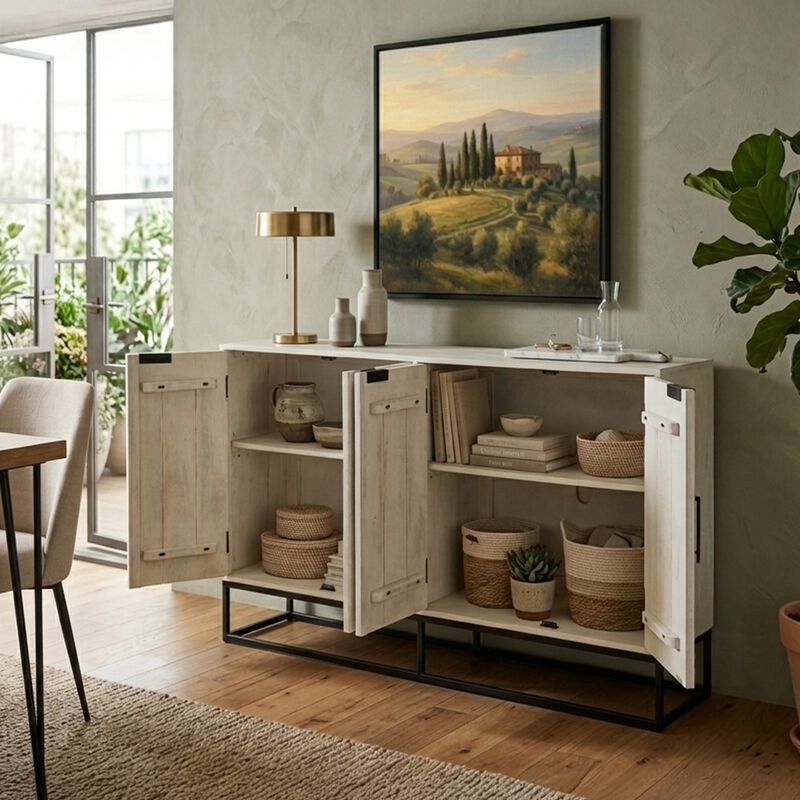 Seya 4 Door Sideboard Console, Fluted Front, Antique White Mango Wood, Black Iron Base, 60 Inch image number 6