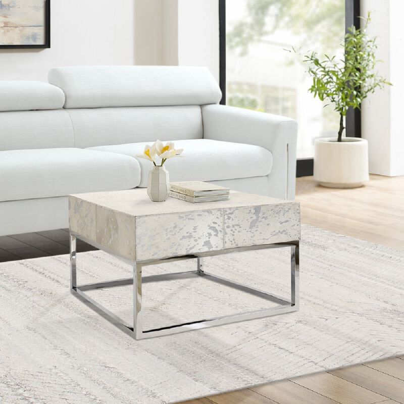 Pasargad Home Safari Silver Foil Cowhide & Steel Coffee Table, Silver
