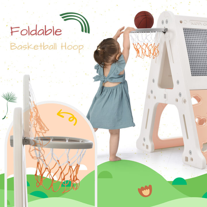 5-in-1 Toddler Climber Basketball Hoop Set Kids Playground Climber Playset with Tunnel, Climber, Whiteboard, Toy Building Block Baseplates, Combination for Babies