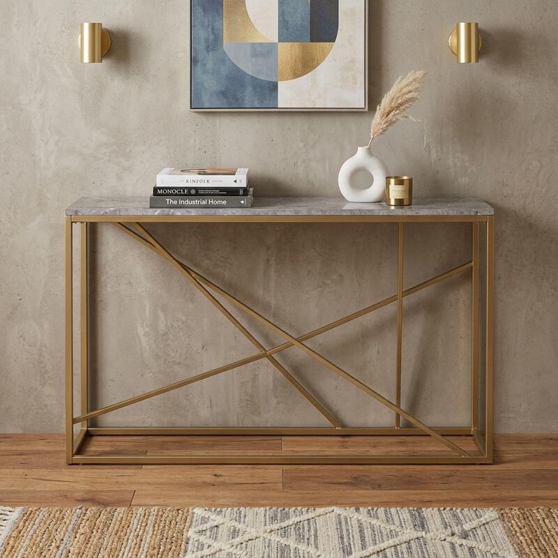 HomeRoots 52" Gray and Gold Faux Marble and Metal A Frame Console Table image number 1