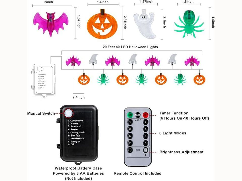 20FT Halloween String Lights – 40 LED Pumpkin, Ghost, Bat & Spider Lights with Timer & 8 Modes for Indoor/Outdoor Decor