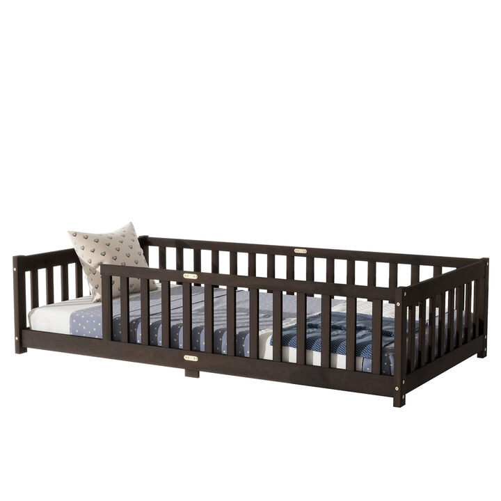 Whisen Twin-Size Floor Bed with Safety Enclosure and Door, Rubber Wood Frame with Guardrail Fence