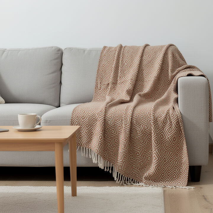 HomeRoots 50" X 60" Brown Cotton Woven Geometric Throw Blanket with Fringe