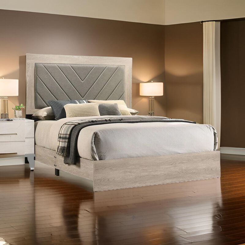 Cato Upholstered California King Bed, Tufted Gray Headboard, Cream White - Benzara