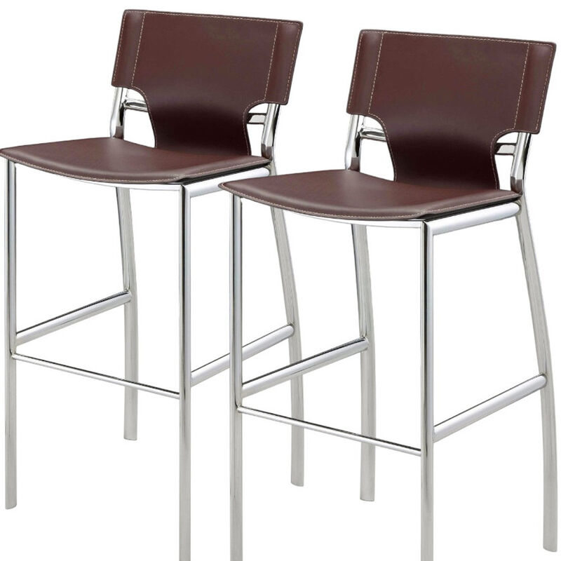 HomeRoots Set of Two 29" Brown and Silver Metal and Faux Leather Low Back Bar Height Bar Chairs image number 4