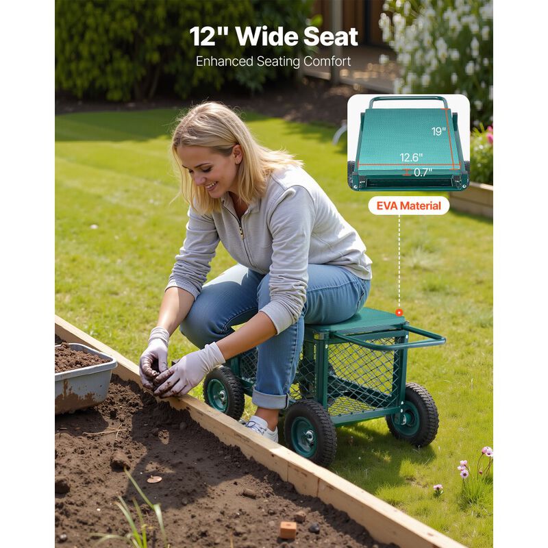 Metal Garden Work Seat with Wheels, Rolling Outdoor Cart for Lawn and Patio image number 6