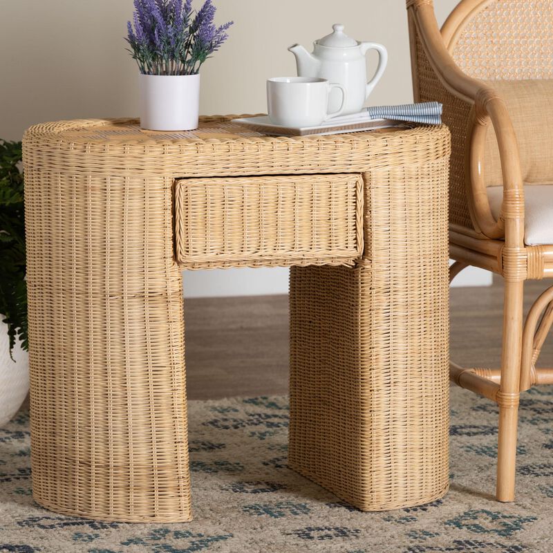 bali & pari Mimi Natural Rattan Checkered End Table with Drawer image number 8