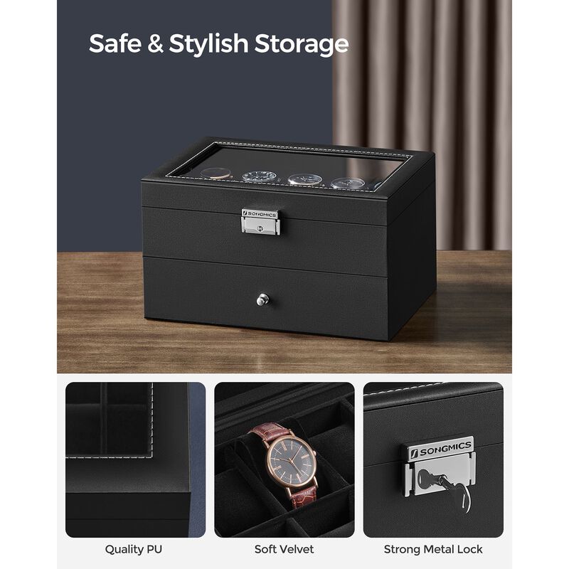20-Slot Watch Storage Box with Glass Display Lid and Secure Lock