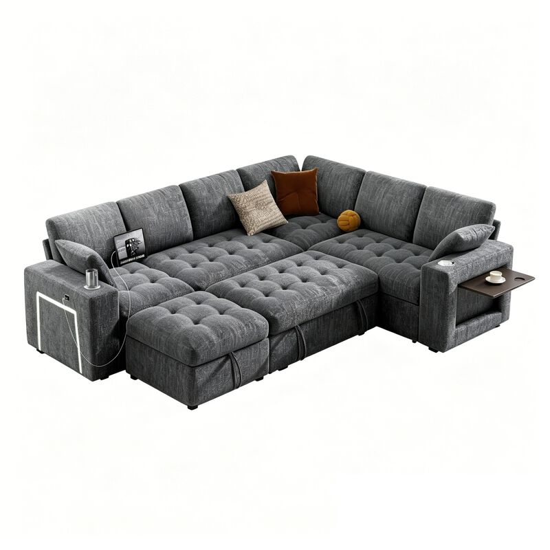 Vipbear 110" Modular Sectional Sleeper Sofa, Pull Out Bed, 7-Seat Chenille L-Shaped Couch, Storage image number 0