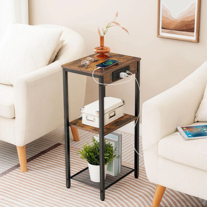 Tall Side Table with Charging Station, 3 Tier End Table with Storage Shelves image number 6